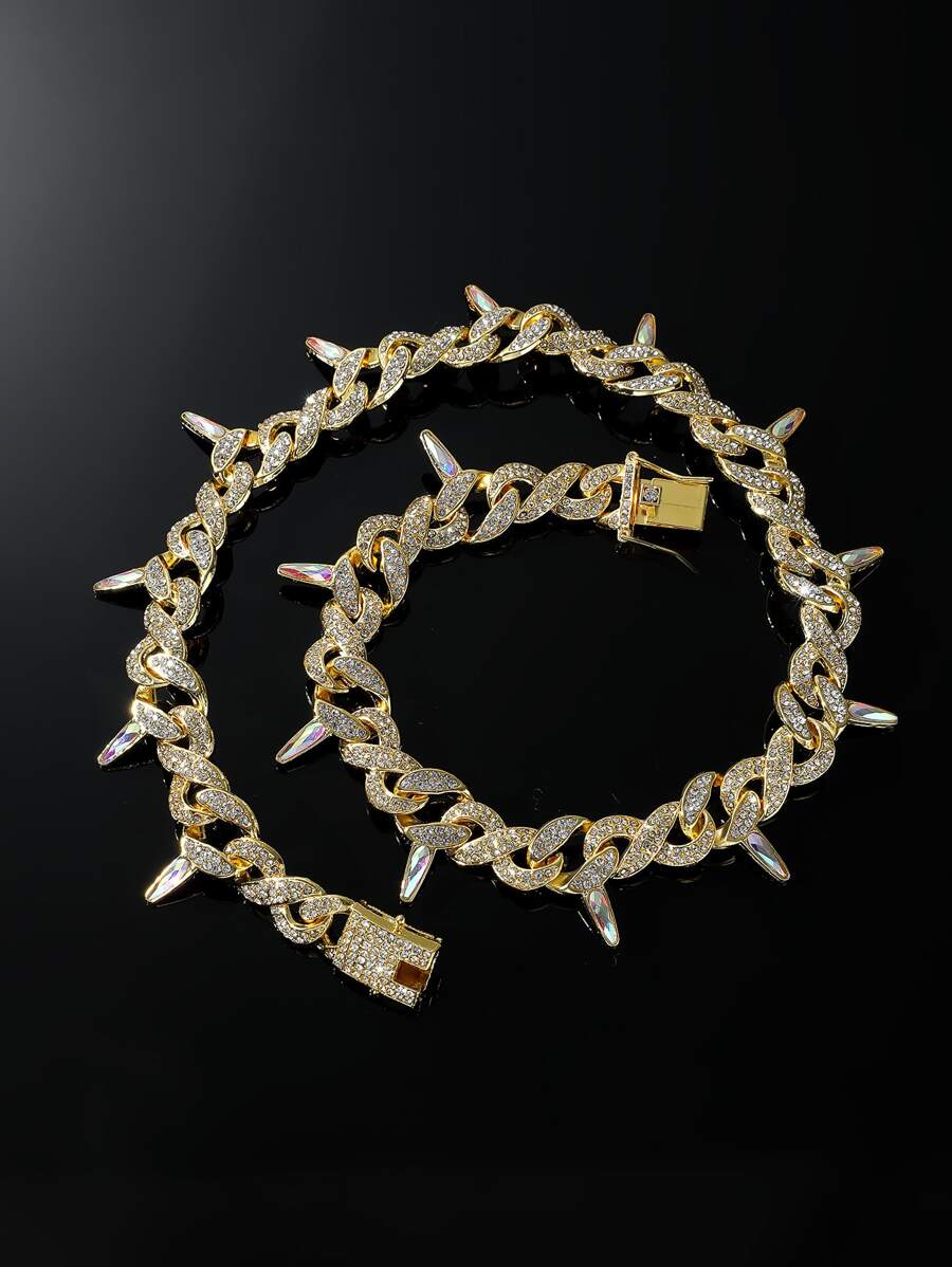 For Women Men Rhinestone Decor Necklace Chain Bling Iced Out, For Jewelry Gift And Party - Yellow Gold - View 1