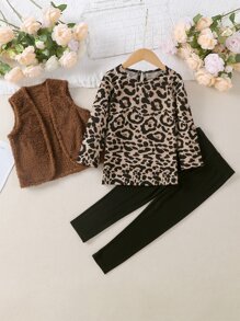 小女童豹紋印花T恤和夾克背心和緊身打底褲 - 卡其色 - 查看 3