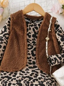 小女童豹紋印花T恤和夾克背心和緊身打底褲 - 卡其色 - 查看 4