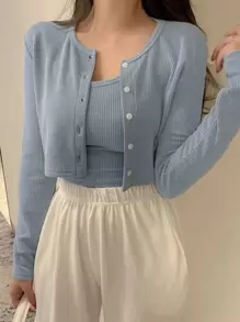 DAZY Rib-Knit Crop Cami Top & Button Front Tee, Women Two Pieces Sets, Fall Clothes - Dusty Blue - View 1