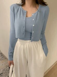 DAZY Rib-Knit Crop Cami Top & Button Front Tee, Women Two Pieces Sets, Fall Clothes - Dusty Blue - View 2