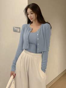 DAZY Rib-Knit Crop Cami Top & Button Front Tee, Women Two Pieces Sets, Fall Clothes - Dusty Blue - View 3