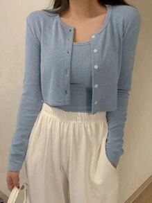 DAZY Rib-Knit Crop Cami Top & Button Front Tee, Women Two Pieces Sets, Fall Clothes - Dusty Blue - View 4