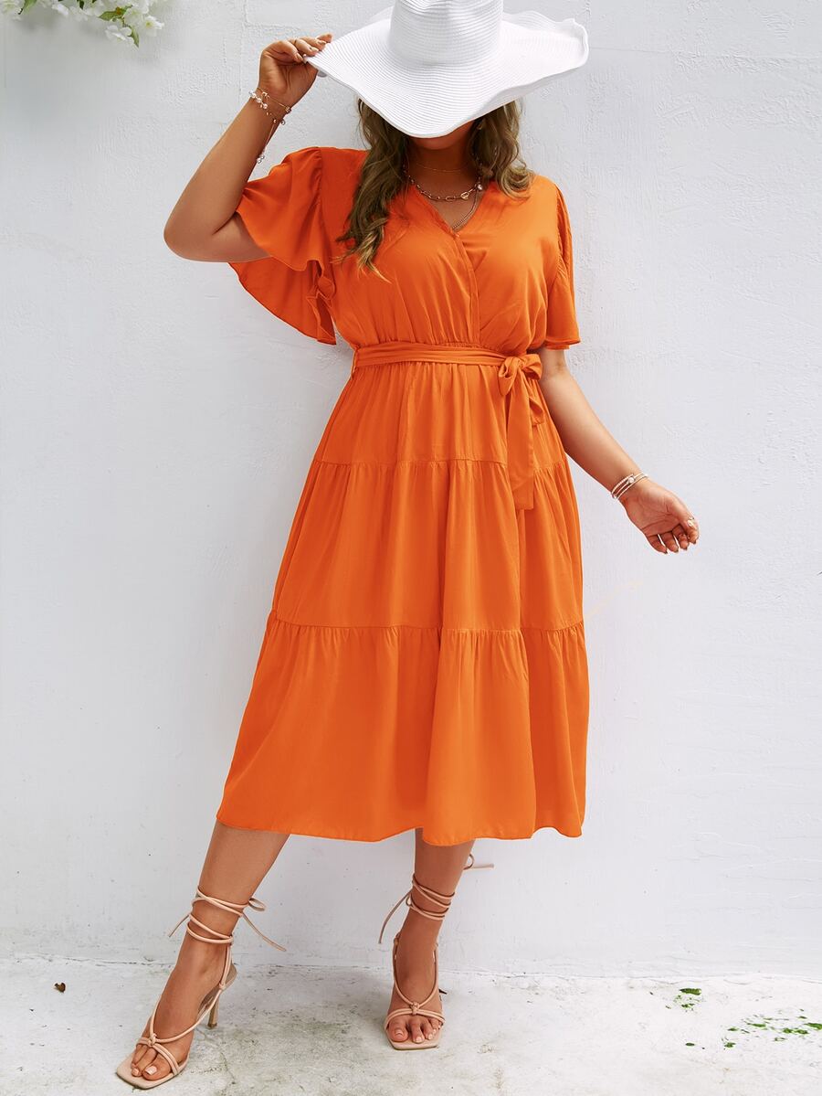 Simplee Vestido con cinturón de manga mariposa bajo con fruncido - Naranja - Ver 1