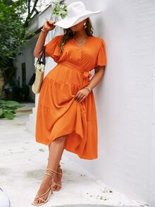 Simplee Vestido con cinturón de manga mariposa bajo con fruncido - Naranja - Ver 4