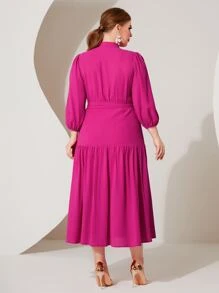 Modelyn Plus Lantern Sleeve Ruffle Hem Belted Dress - Hot Pink - View 2