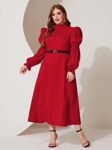 Modelyn Plus Mock Neck Puff Sleeve Dress Without Belt - Red - View 2