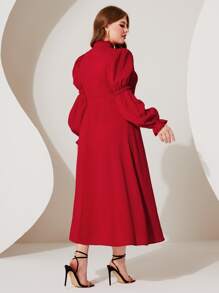 Modelyn Plus Mock Neck Puff Sleeve Dress Without Belt - Red - View 3