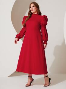 Modelyn Plus Mock Neck Puff Sleeve Dress Without Belt - Red - View 1