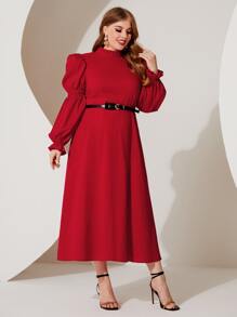 Modelyn Plus Mock Neck Puff Sleeve Dress Without Belt - Red - View 5