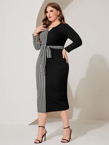 Modelyn Plus Houndstooth Notched Neck Split Back Belted Dress - Black and White - View 3