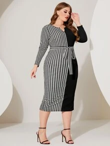 Modelyn Plus Houndstooth Notched Neck Split Back Belted Dress - Black and White - View 4
