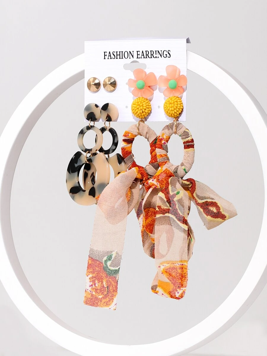 4對隨機色花朵裝飾耳環 - 彩色 - 查看 1
