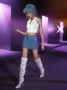 SHEIN High Waist Rhinestone Detail Skirt - Dusty Blue - View 3