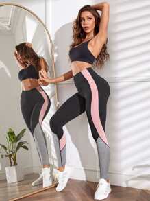 SHEIN Sport Studio Contrast Color Panel Yoga Leggings Wide Waistband M-shaped Seam Booty Sculpt Athletic Leggings workout leggings