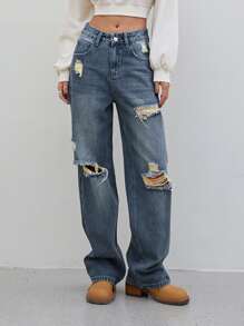 DAZY Cut Out Ripped Frayed Straight Leg Jeans Festival - Medium Wash - View 5