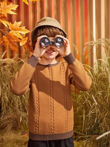 SHEIN Boys Cable Knit Contrast Trim Raglan Sleeve Jumper - Brown - View 4