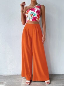 SHEIN VCAY 印花單肩上衣和闊腿褲 - 橘色 - 查看 6