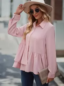 SHEIN LUNE Camisa unicolor con botón peplum - Rosa - Ver 1