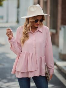 SHEIN LUNE Camisa unicolor con botón peplum - Rosa - Ver 3