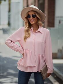 SHEIN LUNE Camisa unicolor con botón peplum - Rosa - Ver 4