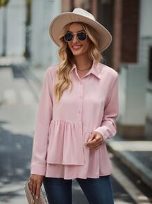 SHEIN LUNE Camisa unicolor con botón peplum - Rosa - Ver 5