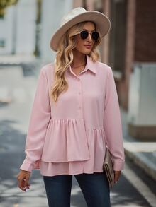 SHEIN LUNE Camisa unicolor con botón peplum - Rosa - Ver 6