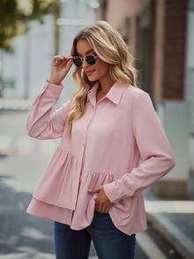 SHEIN LUNE Camisa unicolor con botón peplum - Rosa - Ver 7