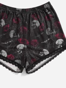 ROMWE Goth Conjunto de pijama con estampado floral con cráneo con encaje en contraste - Negro - Ver 3