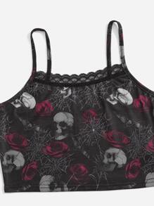 ROMWE Goth Conjunto de pijama con estampado floral con cráneo con encaje en contraste - Negro - Ver 4