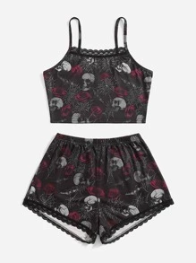 ROMWE Goth Conjunto de pijama con estampado floral con cráneo con encaje en contraste - Negro - Ver 5