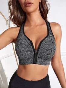 Easithlete Zip Up Contrast Binding Racer Back Sports Up Bra