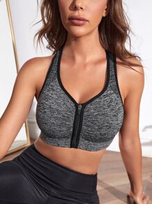Easithlete Zip Up Contrast Binding Racer Back Sports Up Bra