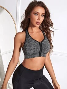 Easithlete Zip Up Contrast Binding Racer Back Sports Up Bra