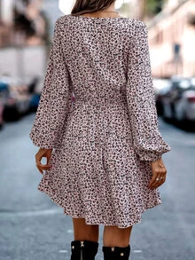 Dalmatian Print Bishop Sleeve Ruffle Hem Dress - Multicolor - View 2