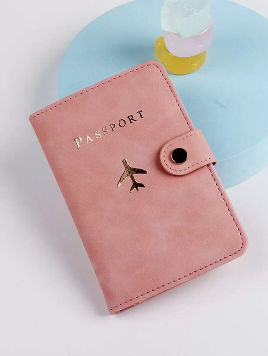gessy Metallic Airplane & Letter Graphic Passport Case Passport Holder Passport Wallet School Supplies School Stuff For School For Student Vacation Accessories For Holiday Season For Vacation Passport Pouch For Flight For Back To School For Men And Women Travel Essentials Travel Accessories Back To School - Pink - View 1