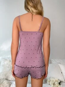 Polka Dot Lace Trim Cami Pajama Set - Mauve Purple - View 2