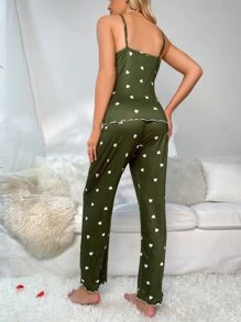 Heart Print Contrast Lace Bow Front Cami PJ Set / Pajama Set - Army Green - View 2