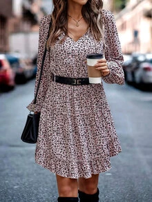 Dalmatian Print Bishop Sleeve Ruffle Hem Dress - Multicolor - View 4