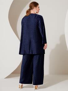 Modelyn Plus Open Front Coat & Wide Leg Trousers Without Belt - Navy Blue - View 2