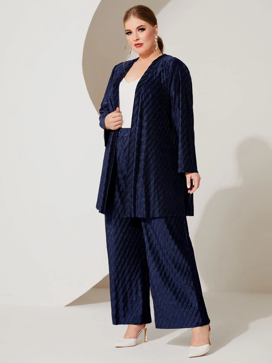 Modelyn Plus Open Front Coat & Wide Leg Trousers Without Belt - Navy Blue - View 1