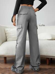 SHEIN ICON Gorpcore Flap Pocket Cargo Trousers - Grey - View 2
