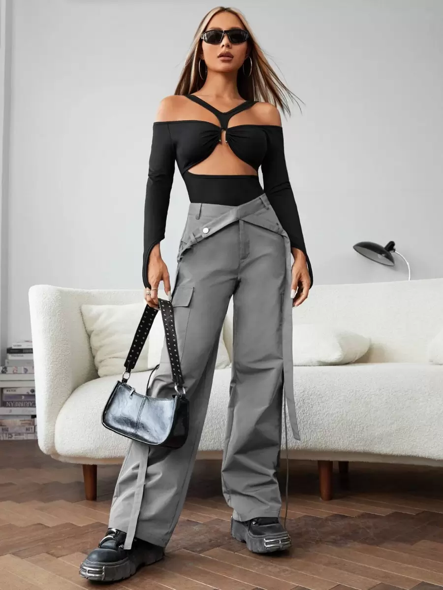 SHEIN ICON Gorpcore Flap Pocket Cargo Trousers - Grey - View 1