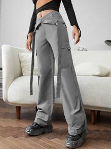 SHEIN ICON Gorpcore Flap Pocket Cargo Trousers - Grey - View 5