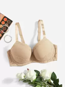 Plus Eyelash Lace Panel Push Up Bra - Khaki - View 1