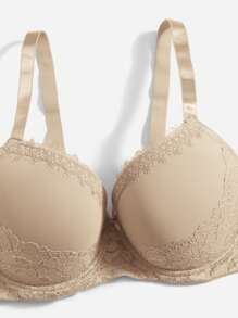 Plus Eyelash Lace Panel Push Up Bra - Khaki - View 4