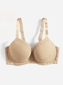 Plus Eyelash Lace Panel Push Up Bra - Khaki - View 5