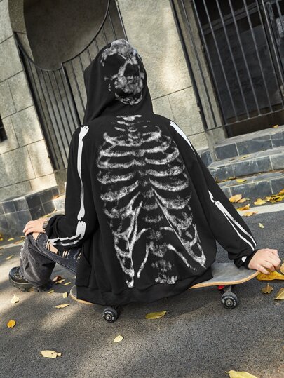 Grunge Punk 1 pièce sweat-shirt à capuche à cordon de serrage avec imprimé de squelette à épaule tombante, école