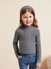 SHEIN Toddler Girls Turtle Neck Ribbed Knit Jumper - Grey - View 1