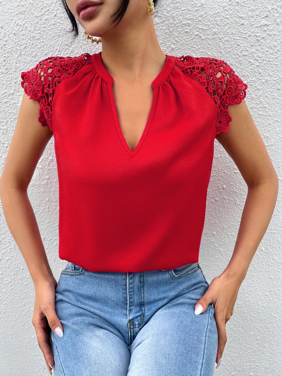 SHEIN Clasi Blusa con encaje en contraste de manga raglán